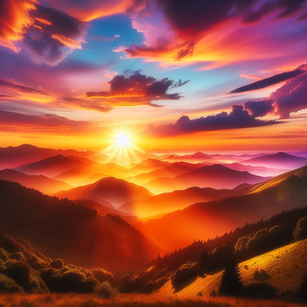 No problem! Here's the concise description for the image: "A beautiful sunset over a serene mountain landscape with vibrant colors illuminating the sky and casting warm light on the surroundings."