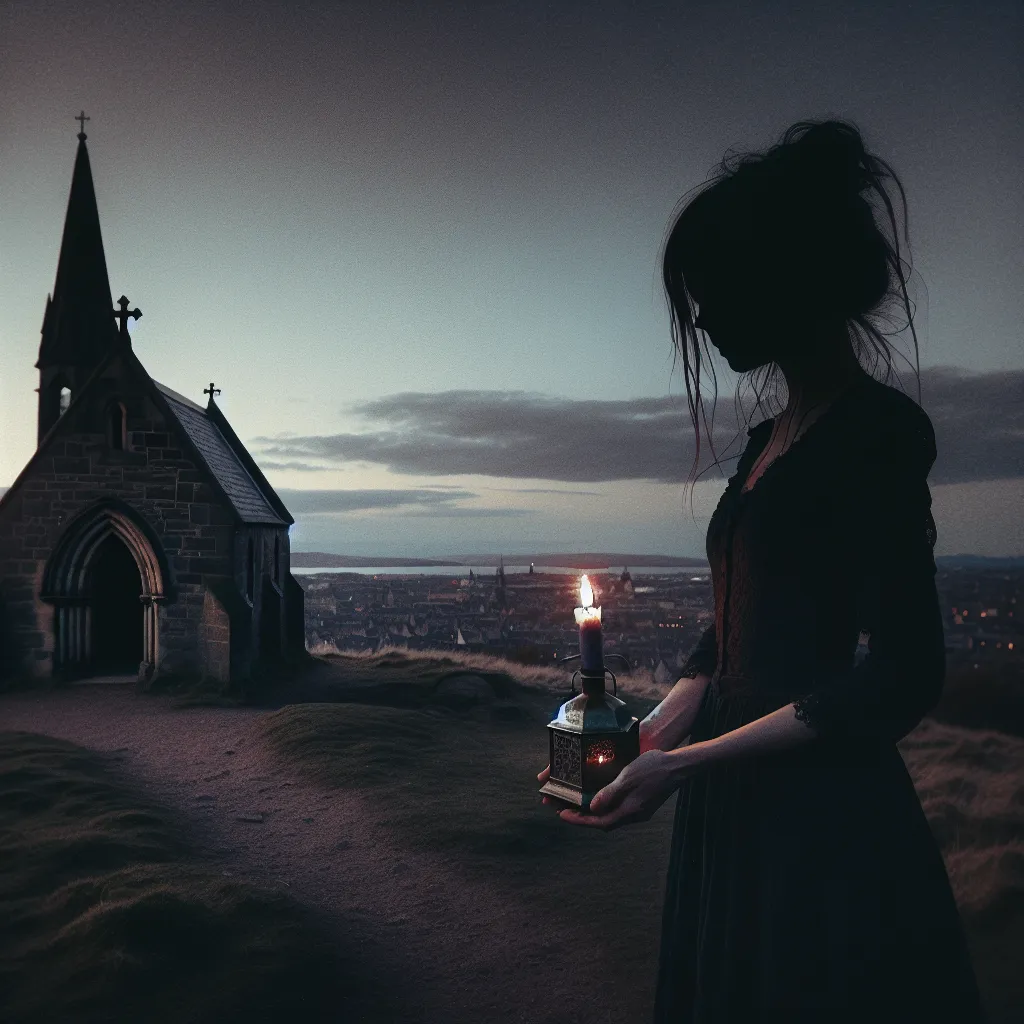 A mysterious and atmospheric image of a woman standing outside Lover's Chapel on a hill overlooking the city of Marrowgate, holding a lit candle in a weathered brass holder. The setting sun casts long shadows, and the chapel's silhouette is visible against the fading light.