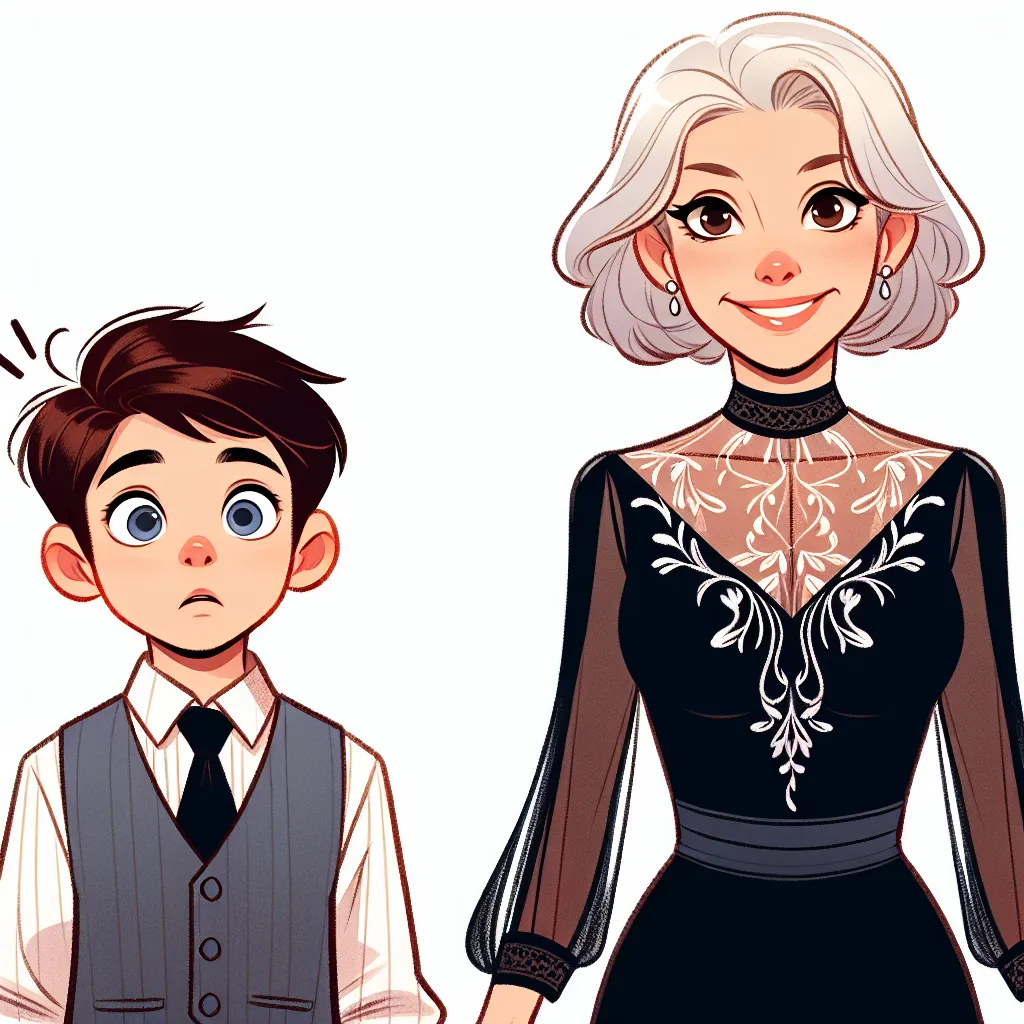 An image showing a young boy and a middle-aged woman, both wearing elegant outfits and standing side by side. The boy looks confused and shocked, while the woman appears confident and happy.