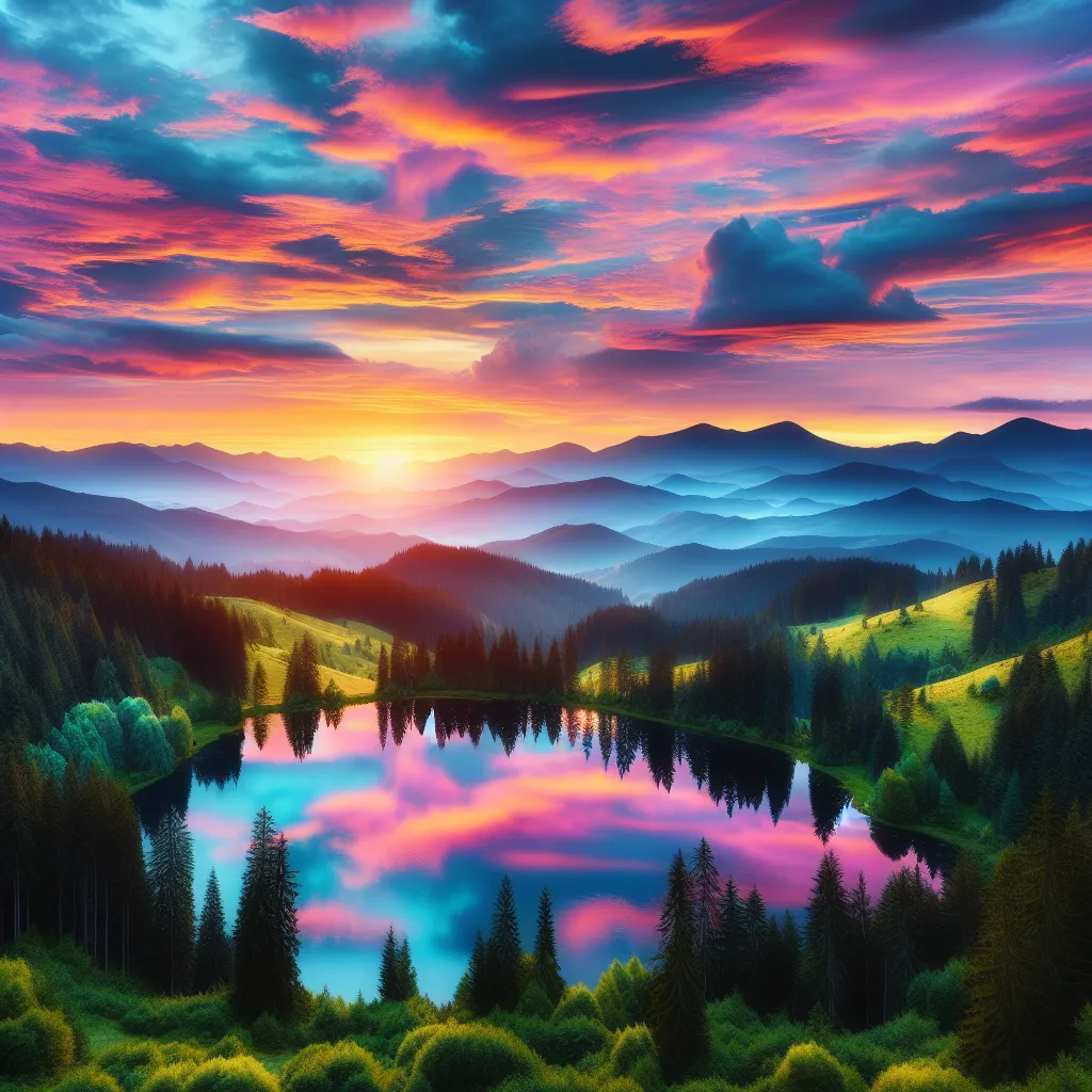 A beautiful sunrise over a serene mountain landscape, with colorful hues reflecting in a calm lake surrounded by lush trees.