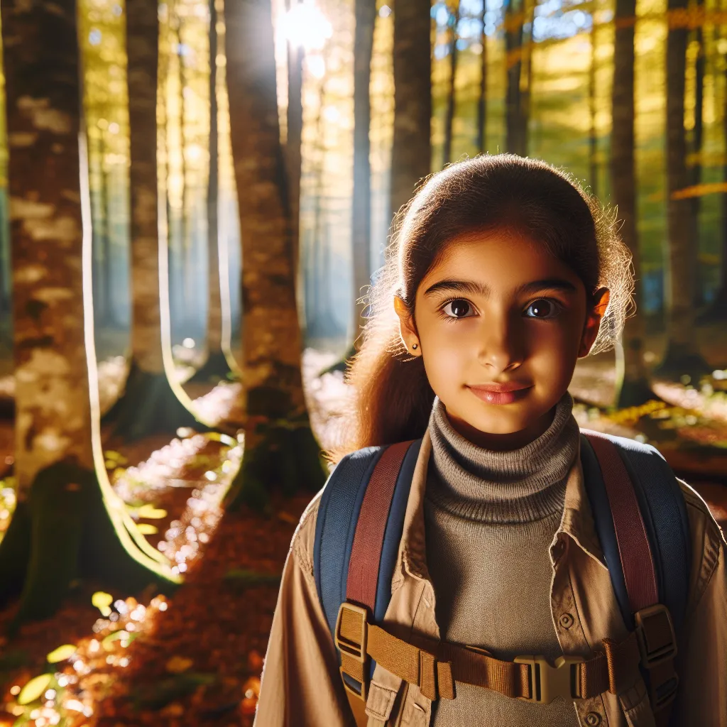 A young girl walks through a sunlit forest, surrounded by towering trees with golden leaves, her face full of wonder and curiosity.