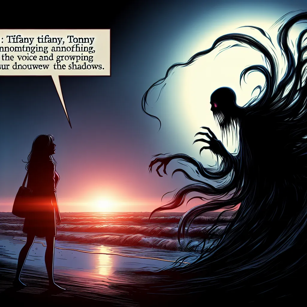 I say 'Tiffany' now?" The shadows danced behind her, dark and eerie, as they seemed to extend from her body, engulfing Tommy in an ominous shroud. His screams were drowned out by the crashing waves as the sun dipped below the horizon, leaving them both to embrace the shadows that now controlled their fates.