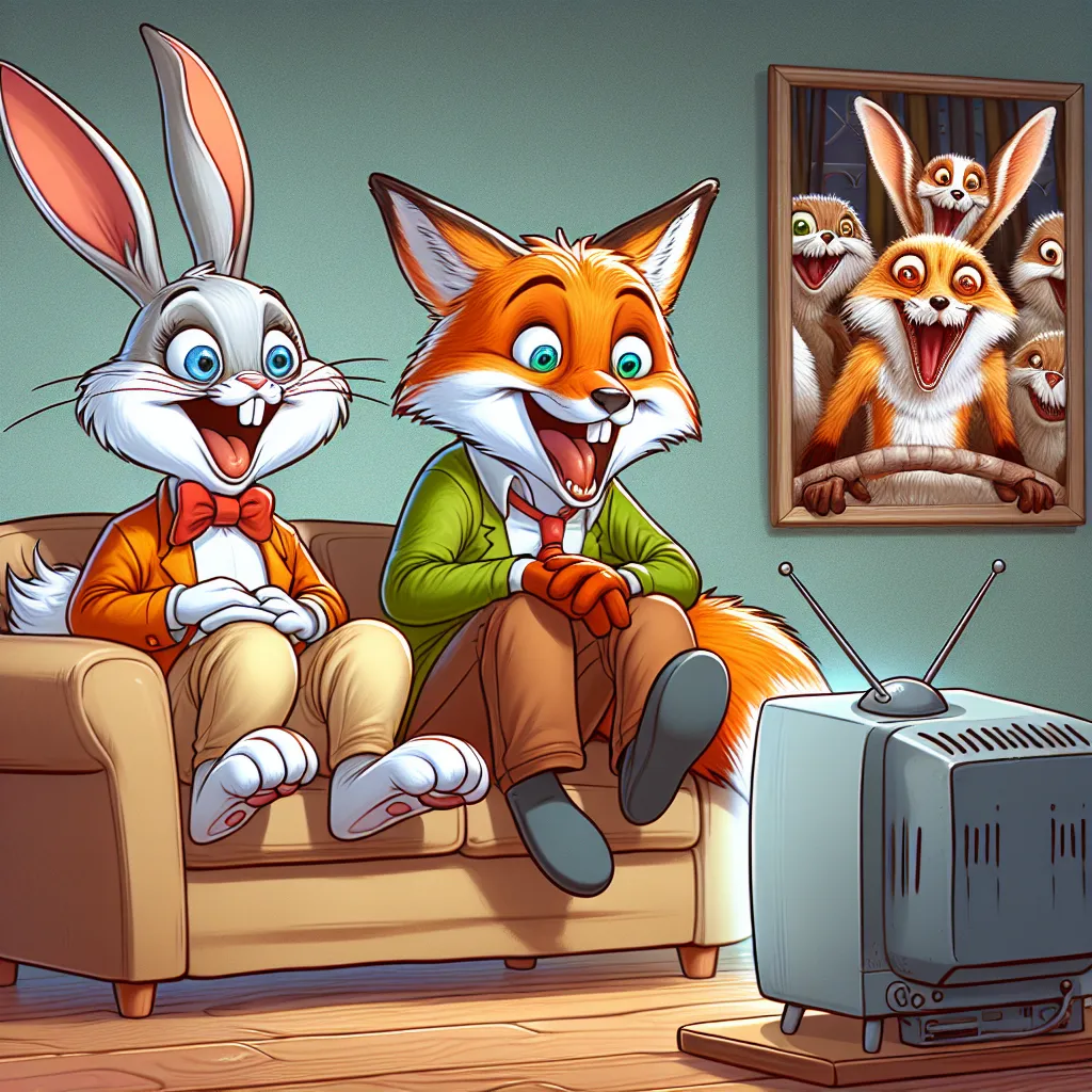 A rabbit and a fox sitting on a couch, watching a comically absurd animated movie on a television.