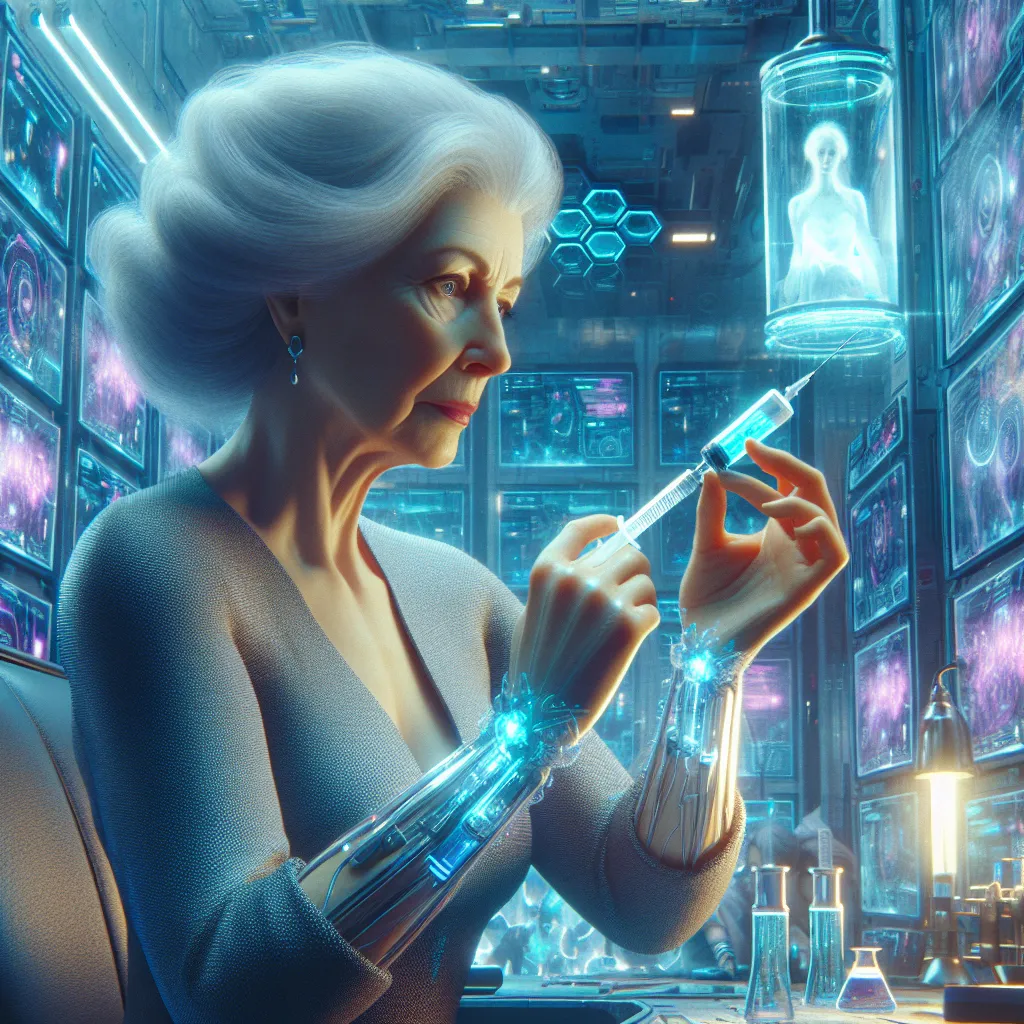 An image to accompany the story "The Tale of Felinia", a Science Fiction story about a young girl named Katie who discovers that her Aunt Helene has been conducting genetic and biomolecular experiments in her hidden laboratory. The image should depict Aunt Helene injecting herself with a vial of iridescent blue liquid, with a sense of mystery and transformation in the air.