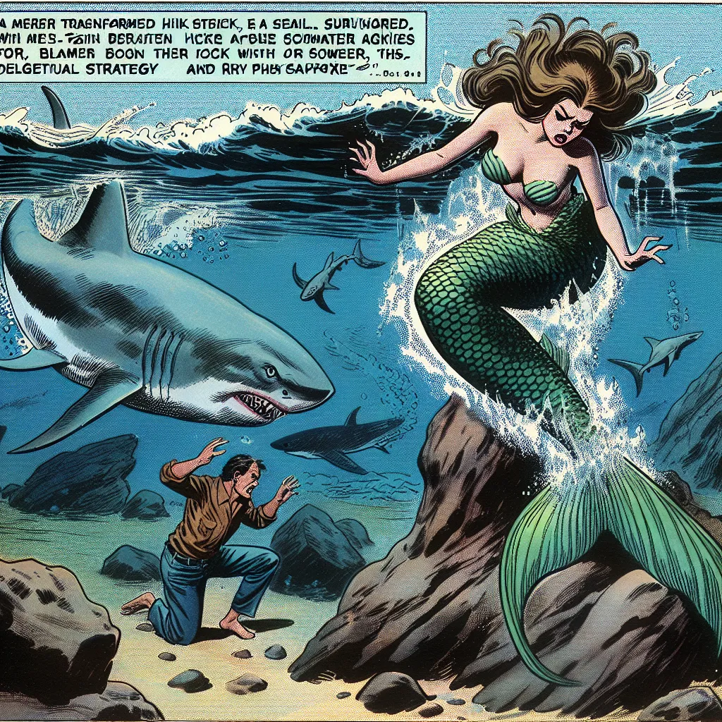 In the image, a mermaid named Elara struggles to free her newly transformed tail that is wedged between two rocks beneath the ocean's surface. A great white shark circles ominously nearby, while Elara desperately tries to free herself, fearing for her life. With every kick, she grows more disoriented and her surroundings become clouded. As the predator closes in, Elara searches for a solution, using her webbed and strong hands to find leverage. In a final effort, she manages to dislodge the rock