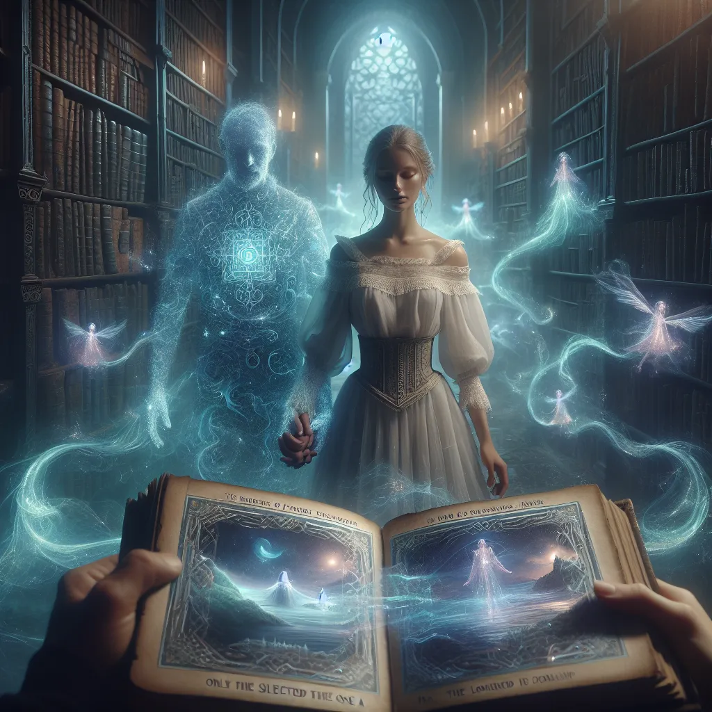 An image accompanies a fantasy story titled "Fates of the Whispering Realms." In a mystical library, a young woman named Naomi holds a glowing book, surrounded by shelves filled with ancient tomes. The book displays a map, alive with moving rivers, swaying trees, and shadowy mountains. Words in a language Naomi can understand form on the pages, revealing that only the Chosen can uncover the fate of all in the whispering realms. A misty figure, Aelric, Naomi's long-lost mentor, appears and urges 