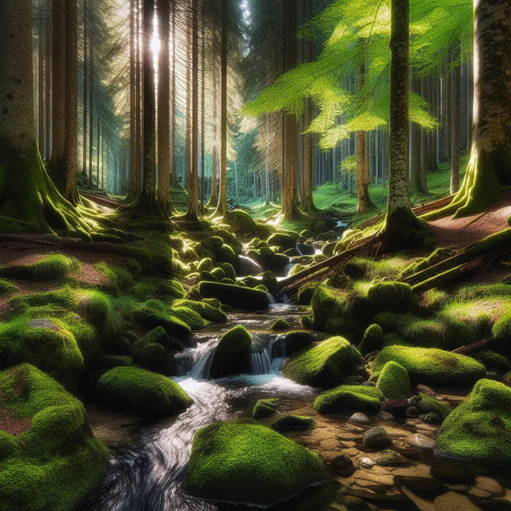 A serene forest scene with towering trees, dappled sunlight, and a gentle stream flowing through moss-covered rocks.