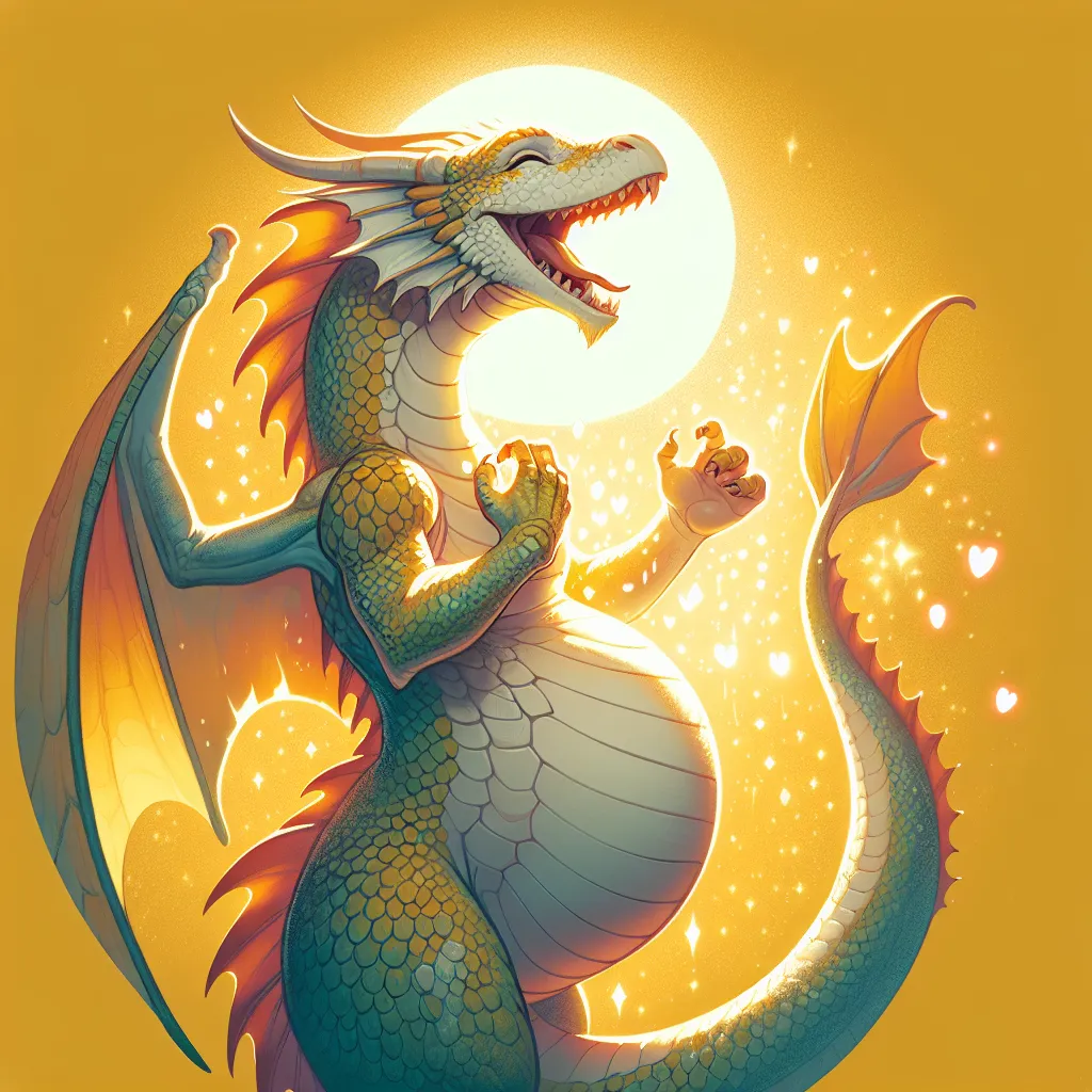 A pregnant dragon woman lovingly embraces her growing curves as she revels in her stunning transformation, with her scales glistening under the sunlight and her body exuding an aura of abundance and strength.