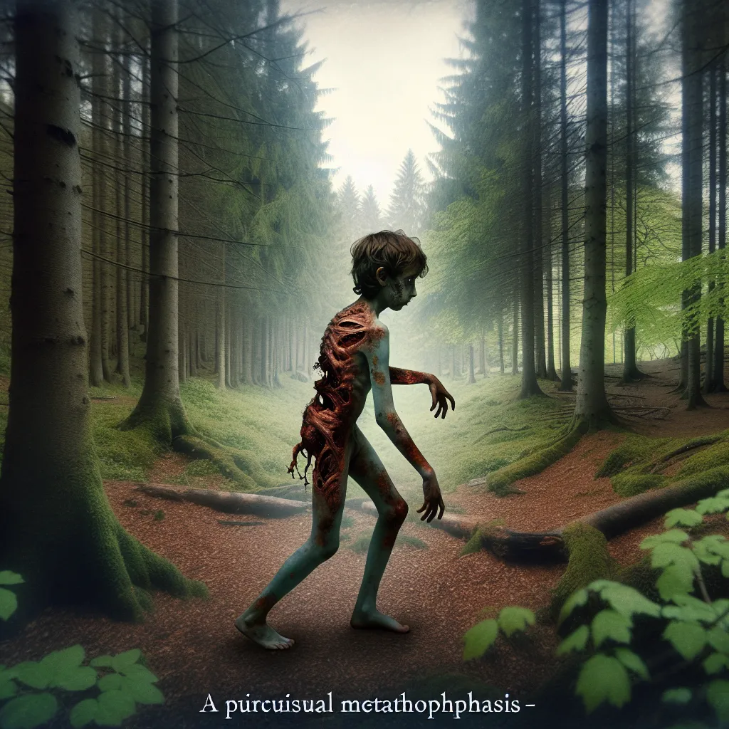 A strange transformation - An image of a young boy wandering through a mysterious forest, gradually undergoing a haunting and unsettling transformation into a female zombie-like creature. The image captures the boy's confusion, pain, and the eerie beauty of the surrounding forest.