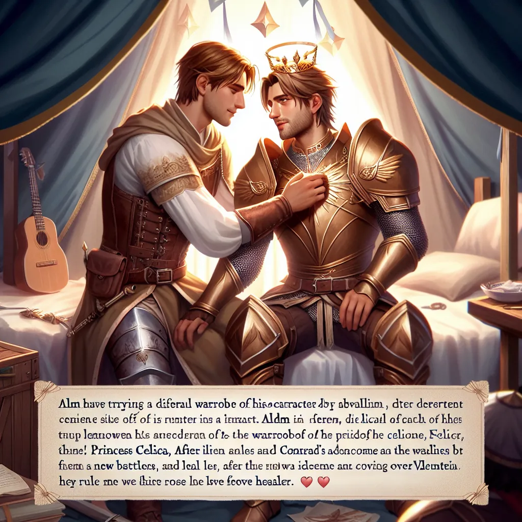 Alm, a warrior, reveals his hidden desire to express his femininity by donning the clothes of Princess Celica in the privacy of his tent. Conrad, upon discovering Alm's secret, encourages him to embrace his true self as a healer, leading to a new role as the guiding light and angel for the soldiers. After the war, Conrad crowns Alm as his queen, ruling Valentia together with love and compassion.