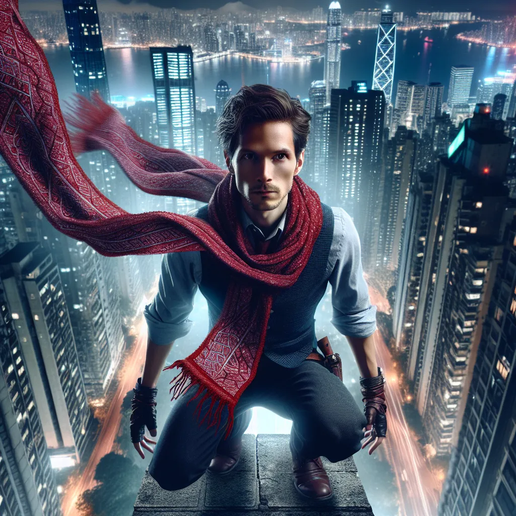 A skilled adventurer, Edger, stands on the edge of a skyscraper against the backdrop of a sprawling city at night. He wears a crimson scarf woven from enchanted cloth, a symbol of his extraordinary abilities. The scarf shimmers in the city lights, hinting at its magical power. With a determined gaze, Edger prepares to confront the nefarious technomancer, Dr. Mordrax. The image captures the sense of adventure and mystery as Edger leaps across the cityscape, propelled by the power of his enchanted