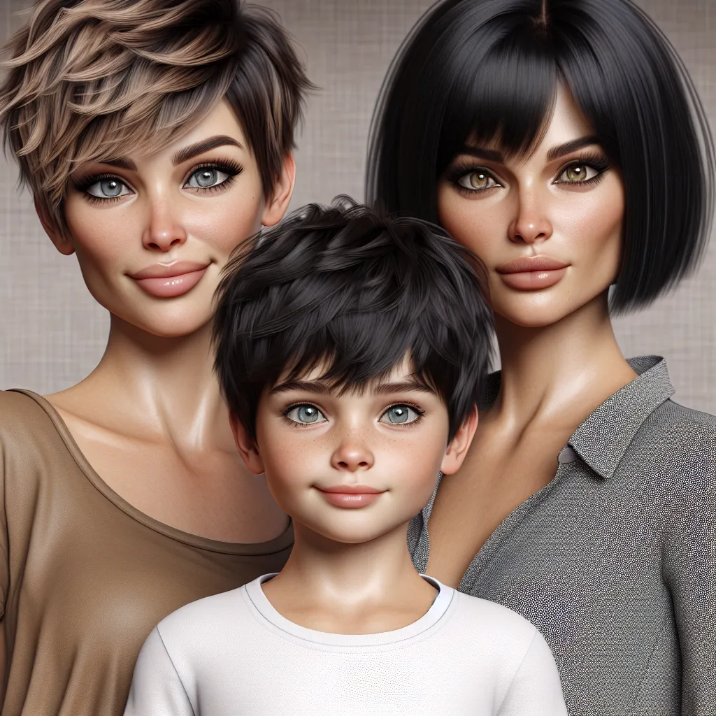 An image depicting a 5-year-old boy, Tommy, standing alongside his mother, Katherine, and his adult cousin, Laura. Tommy has short, messy blonde hair and sparkling blue eyes, while Katherine has a stylish pixie cut and deep brown hair, with striking green eyes. Laura has a jet black bob hairstyle and warm hazel eyes. They are all dressed in casual clothing, with Tommy wearing a playful t-shirt and jeans, Katherine in a comfortable blouse and jeans, and Laura in a trendy outfit.