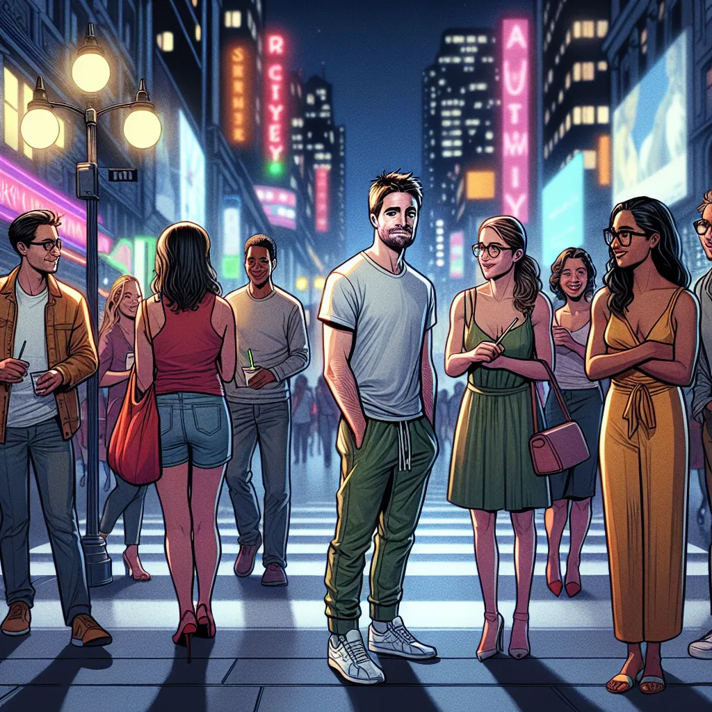 A young boy named Oliver encounters a woman named Maria at a grocery store, leading to a mysterious and magical body-switching experience. Oliver finds himself in Maria's body and navigates her world of city streets, friendships, and nighttime work. The image depicts Oliver's bewildered expression as he grapples with his new identity in Maria's attire, surrounded by Maria's friends on a bustling city street at night.