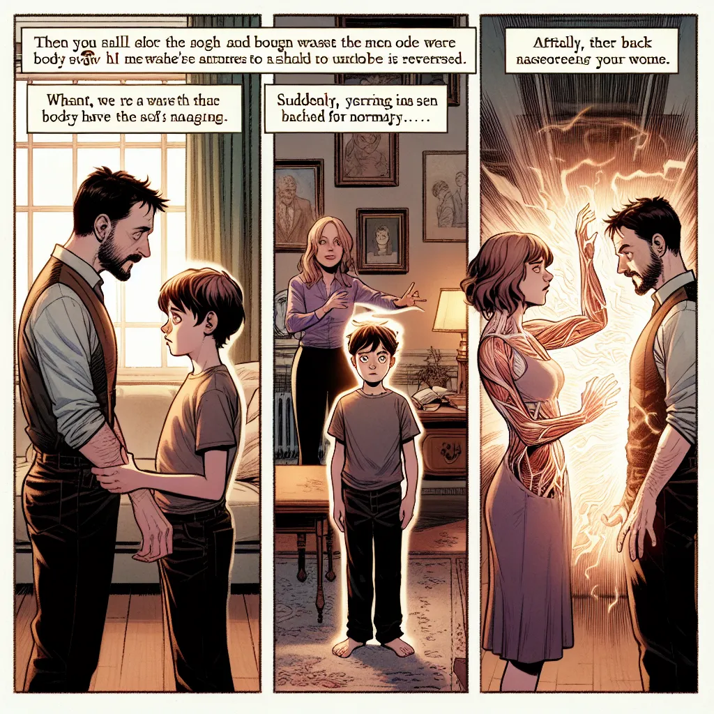 A young boy named Henry, trapped in Patricia's body, stands with Steven and Patricia in their home. The tension is palpable as they discuss the body swap and the need to reverse it. Henry, longing to return to his own life, watches as Patricia closes her eyes and focuses. With a flash of light, Henry finds himself back in his own body, feeling a wave of relief. Patricia, now in her own body, looks disoriented and weak. Steven comforts Henry, assuring him that they will make things right. Laughte