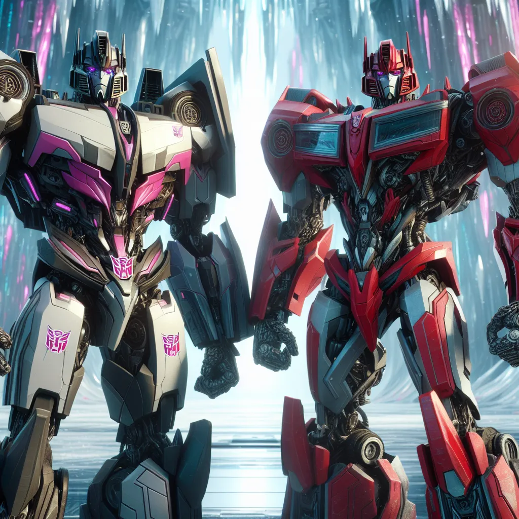 Charlie Morningstar, now transformed into Dynamo, in her sleek pink-and-gray Cybertronian armor alongside Alastor, now Torpedo Blast in his red-and-black metal suit with a menacing grin. The scene takes place in a cold, metallic Cybertronian base, with the two towering figures ready to report to Optimus Prime and continue their fight in the eternal struggle between Autobots and Decepticons.