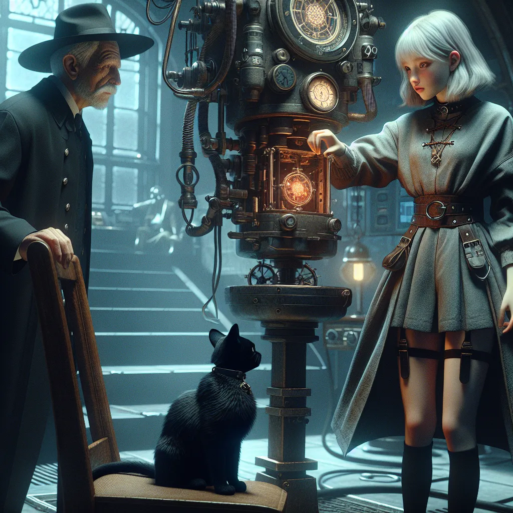 A young witch in a practical yet revealing outfit stands in a dimly-lit room, her black panther familiar by her side. She investigates the presence of an eerie machine as the air chief marshal asks her to test a new device called the Soul Exchanger. Suddenly, she finds herself strapped into a chair alongside an older male, and the contraption takes hold of their very essence, ripping away their consciousness.