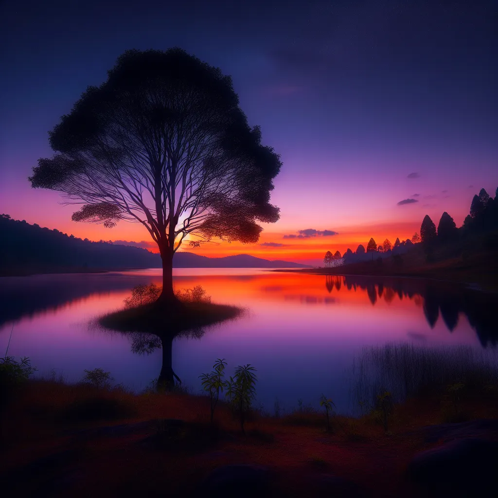 A serene landscape at twilight, where a lone tree stands beside a calm lake reflecting the vibrant colors of the setting sun.