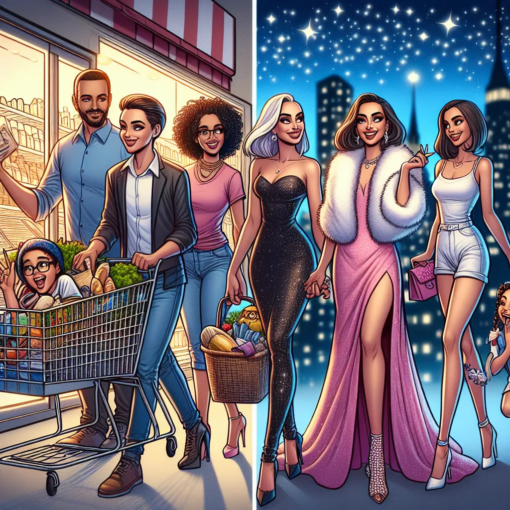 A detailed story about a family shopping at the grocery store is vividly portrayed, with each family member's characteristics and a magical transformation sequence that changes them into fashionable women, leading to a new adventure as friends enjoying a girls' night out.