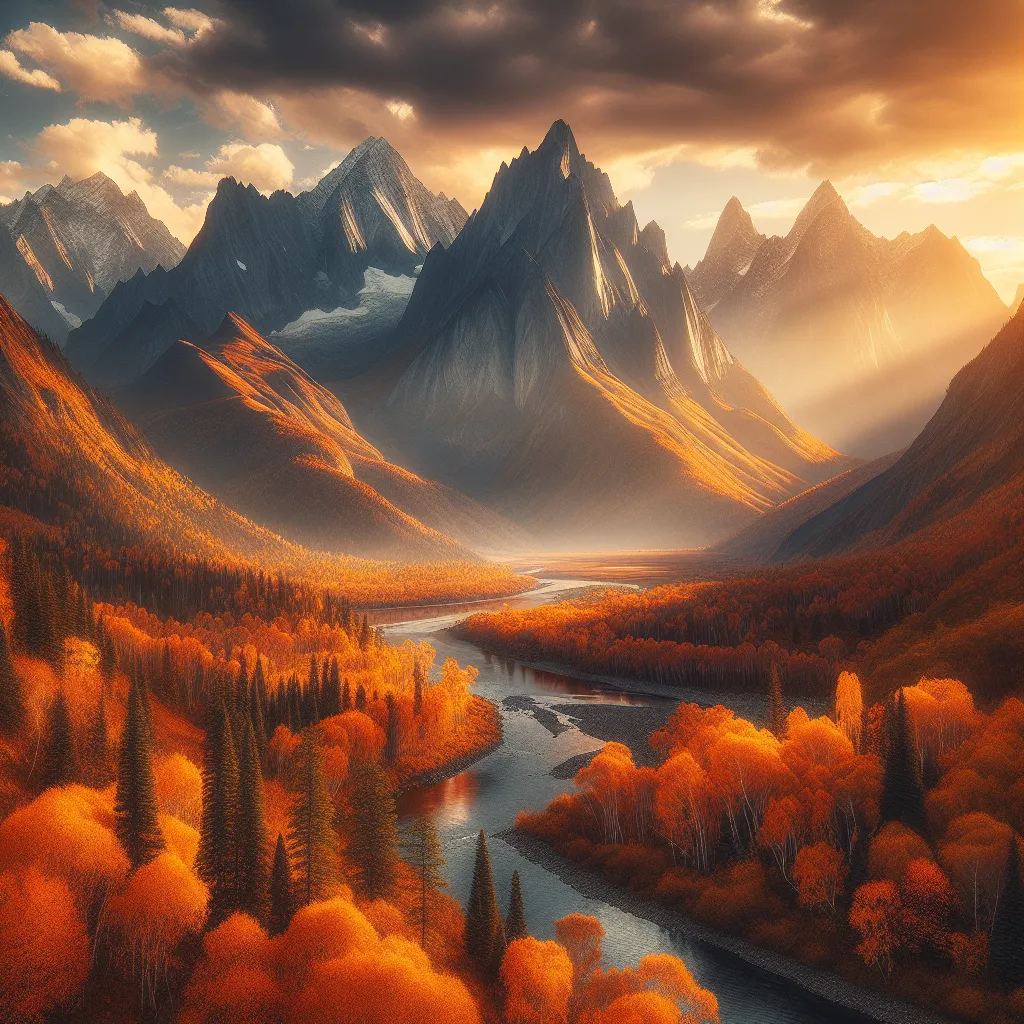 A majestic mountain range rises in the distance, its summits blanketed in vibrant autumn foliage. The golden sunlight filters through the clouds, casting a warm and captivating glow on the rugged terrain below. A tranquil river winds its way through the valley, reflecting the stunning landscape. Nature's grandeur is showcased in this breathtaking autumn scene.