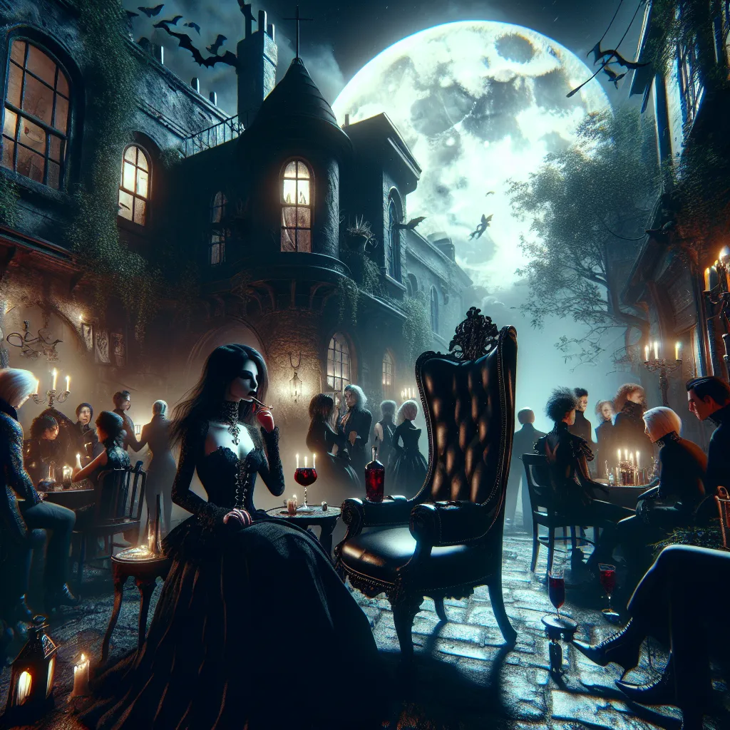 Description: In the image, a gothic club called "Nocturne's Embrace" is depicted. The club has a crumbling façade, with a full moon hanging in the sky, casting a spectral sheen upon the building. Inside, patrons in various gothic attire dance and mingle, surrounded by the mingling scents of incense and leather. The enigmatic owner, Lilith DuVernay, sits on her high-backed ebony throne, holding a glass of crimson wine. The air is thick with mystery and dark allure, as whispered secrets and hidden