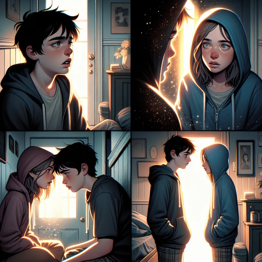 Description: A young boy and girl, John and Kate, argue fiercely in a dimly lit hallway, their expressions filled with anger and frustration. A shimmering light descends unnoticed, symbolizing their wish for understanding. The next morning, John wakes up in Kate's body, wearing her hoodie, while Kate wakes up in John's body, looking bewildered. They navigate each other's lives, experiencing the challenges and joys firsthand. Sitting together in John's room, their faces reflect a newfound underst
