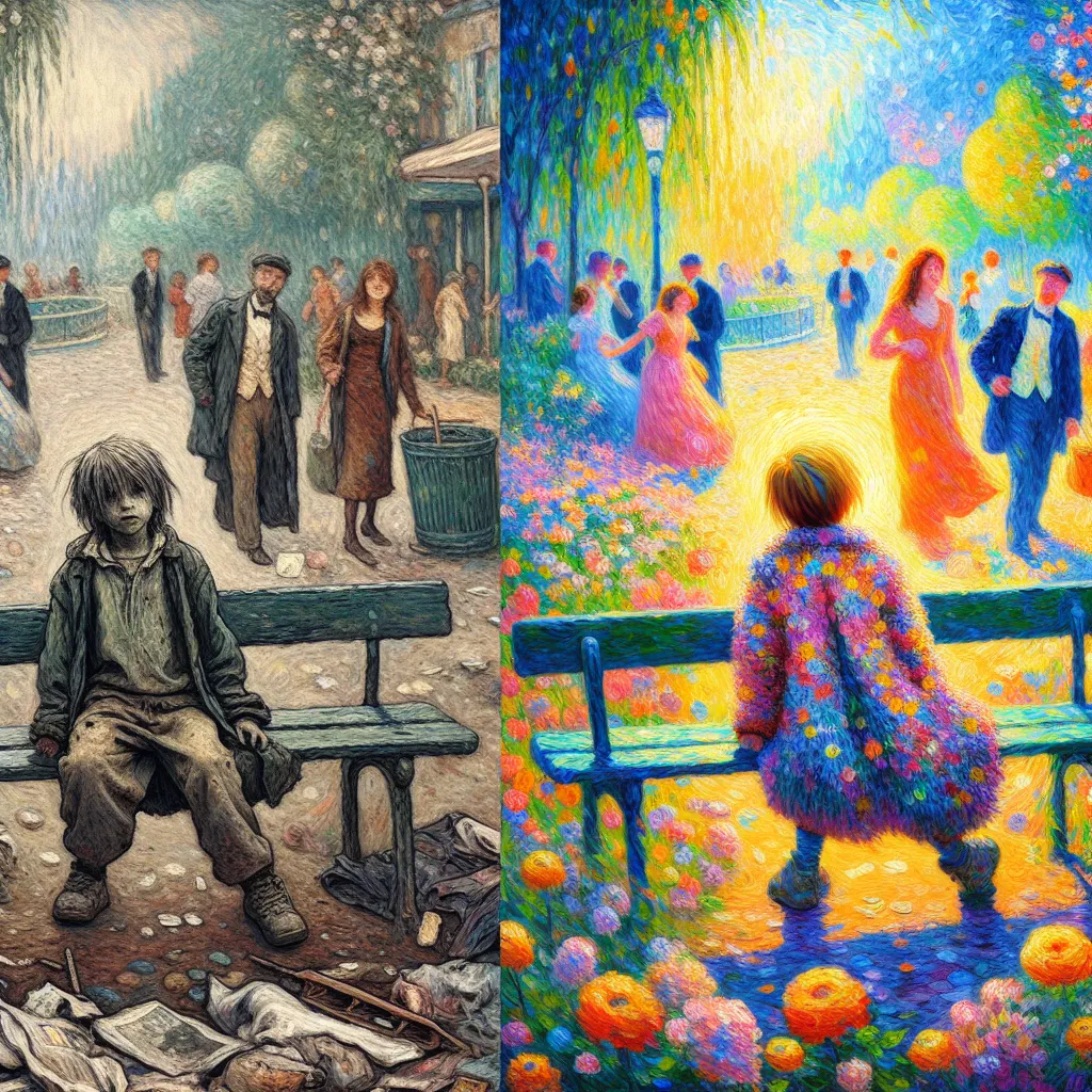 Child, Transformation, Story, Homeless, Quiz in the style of Monet