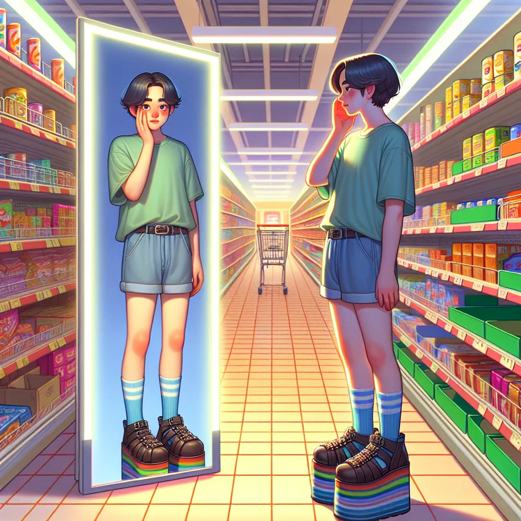 A young boy named Christopher magically switches bodies with a Korean woman named Sun-hee during a trip to the grocery store, experiencing confusion and self-discovery. The image features Christopher, now in Sun-hee’s body, puzzled and wearing unfamiliar clothing and platform sandals, reflecting on his new appearance in a mirror.