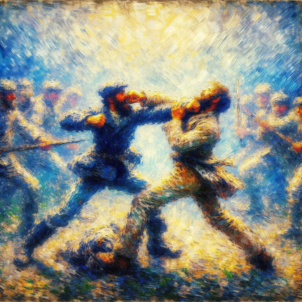 Battle, Showdown, Characters, Fight, Defeat in the style of Monet