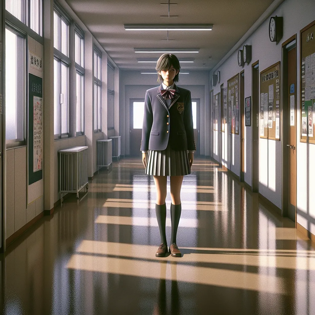 An image of a high school hallway in Japan, featuring a young person dressed in a traditional Japanese school uniform, embodying both elegance and a sense of inner turmoil. The atmosphere is one of mystery and dual identity, reflecting the tale of Yasuna Kamiizumi and the boy named Ash trapped within her body.