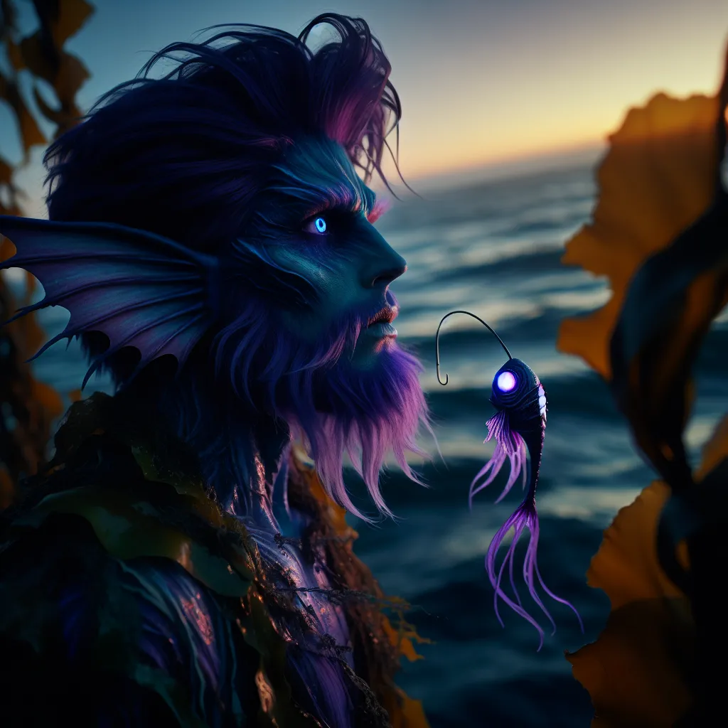 An image of a transformed siren named Dylan, with violet skin and long, deep indigo hair, floating among kelp beds in the waning light of a sunset. His predatory eyes scan the horizon as his anglerfish-like lure gently glows, casting an eerie light. The image captures both the allure and fear of Dylan's new form, as he reflects on his lost humanity and resolves to protect his loved ones from the shadows of the ocean.