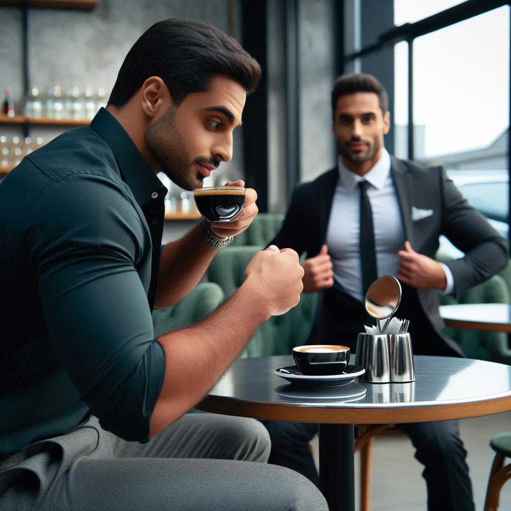 The image that will accompany this story is of a man sitting at a cafe table, nervously sipping his coffee. He is dressed in a dark green shirt and grey pants, checking his reflection in a stainless-steel napkin holder. The foreground of the image focuses on the man, while in the background, a slim, headless man walks into the cafe. The headless man is dressed impeccably and exudes confidence. He takes a seat across from the first man, initiating their blind date.