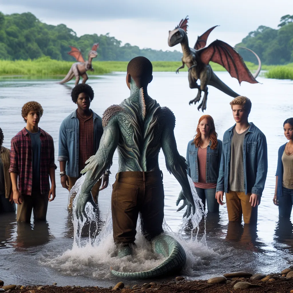 A science fiction story titled "River's Edge: The Shifter's Secret" follows Theo, who can transform into a spinosaurus, revealing his secret to his mother and enrolling in the Leif Institute for Gifted Shifters. As Theo navigates his unique gift and befriends other shifters, he learns the power of acceptance and embraces his true self. The image should capture Theo's transformation into a spinosaurus in a river, surrounded by supportive friends and the allure of his newfound identity.