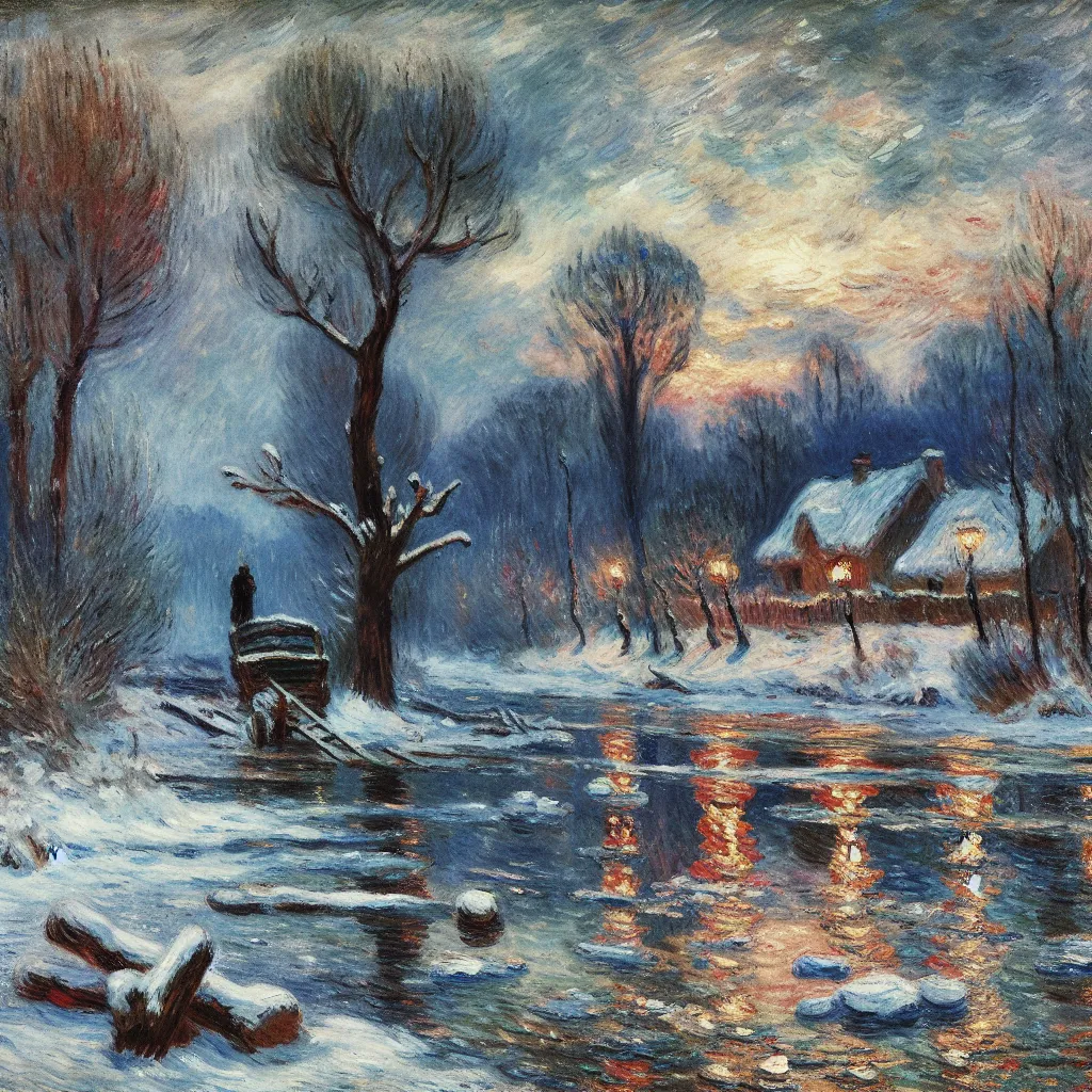 Winter, Melancholic, Frozen, Tragic, Death in the style of Monet