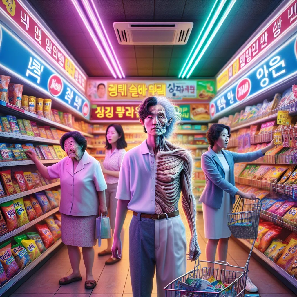 A young boy named Lucas, transforming into an elderly woman named Eun-Ji Park in a convenience store, surrounded by three Korean women shopping and unaware of his plight.