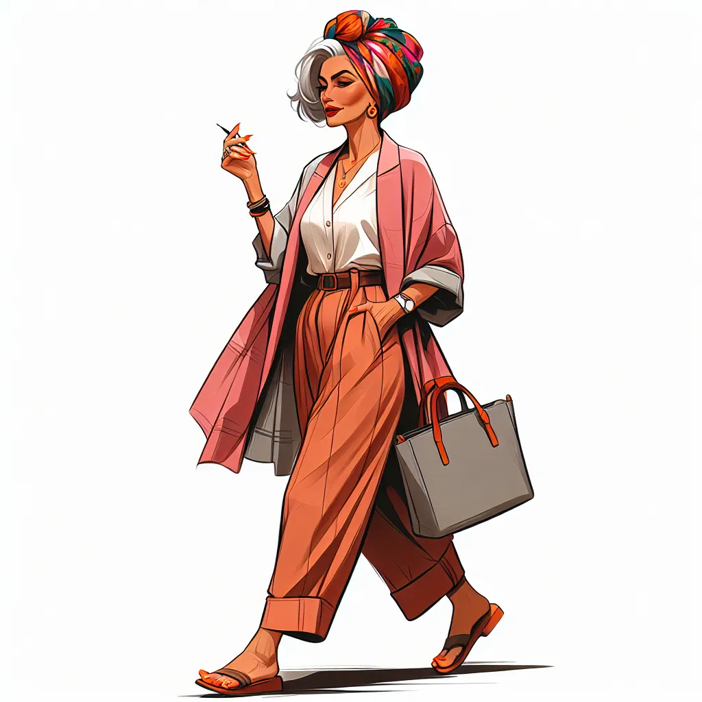 An image of a mature woman named Miss Tanya, confidently strutting in a stylish outfit with grey hair, wearing a colorful turban and orange-painted nails. She carries a purse over her shoulder and walks with purpose in her flip-flops.