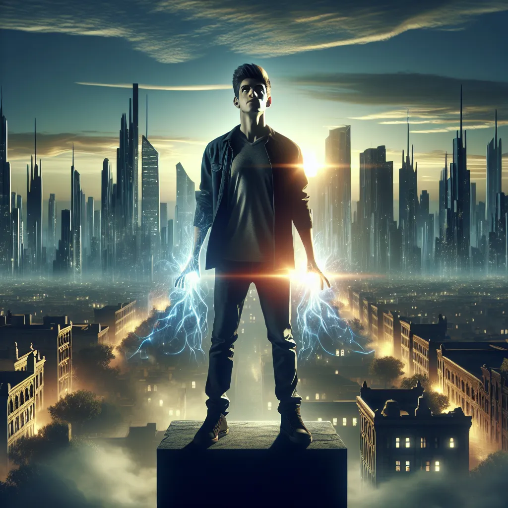 Description: The image accompanying the story is a dramatic illustration of a young man named Carlos, standing tall on the rooftop of Titans Tower. Carlos exudes confidence and determination, with his hands glowing with dark energy, a clear manifestation of his inherited powers. In the background, the city skyline is faintly visible, bathed in the warm glow of a setting sun. The image captures the essence of Carlos's rebirth as a Titan, showcasing his new life as he embarks on a journey of self-