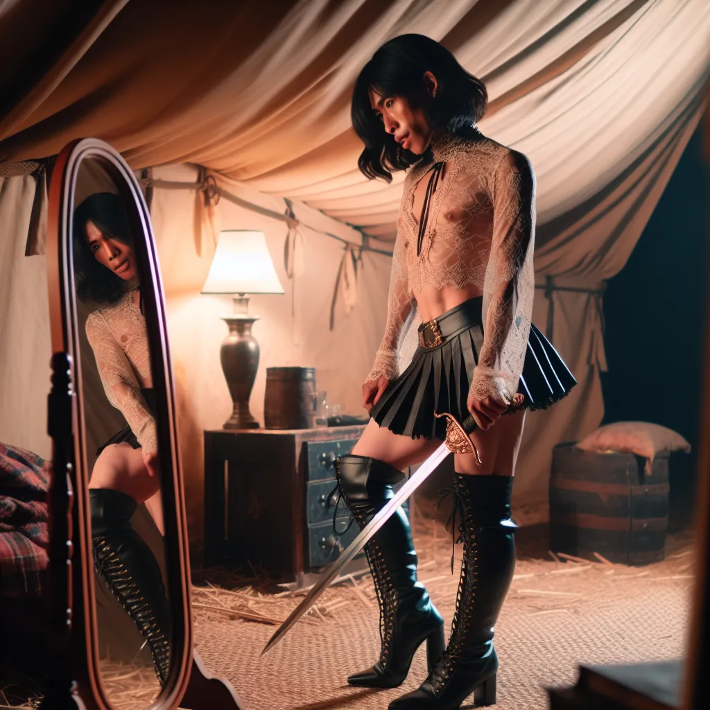 A person standing in a dimly lit tent, dressed in feminine clothing including a lacy top, short skirt, and heeled boots, admiring their reflection in a mirror while holding a sword. There is a sense of anticipation and vulnerability in their expression.