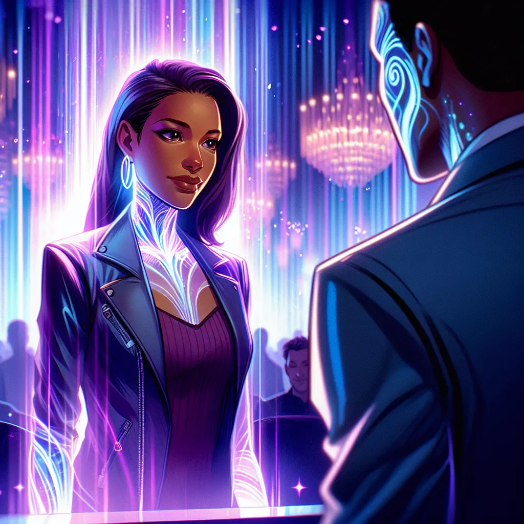 A woman named Elaine, surrounded by the pulsating lights and sounds of her nightclub, is approached by a mysterious and elegant figure with otherworldly features. As they share a moment of connection, Elaine begins to let go of her grief and embrace hope once more.