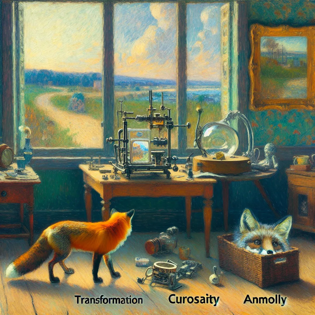 Transformation, Device, Fox, Curiosity, Anomaly in the style of Monet