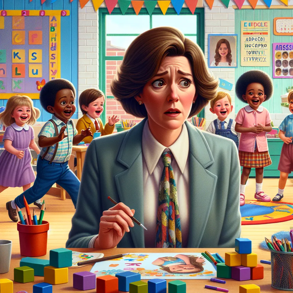 The image will feature a boy named Alexander James Whitaker, who has inadvertently transformed into his preschool teacher, Mrs. Lewis. The scene is set in a colorful classroom filled with cheerful decor as the transformed Alexander, now resembling Mrs. Lewis, interacts nervously with the other children. Mrs. Lewis's comforting presence and the children's playful activities are juxtaposed against Alexander's internal struggle and longing for his lost childhood. Shrouded in a mix of apprehension a
