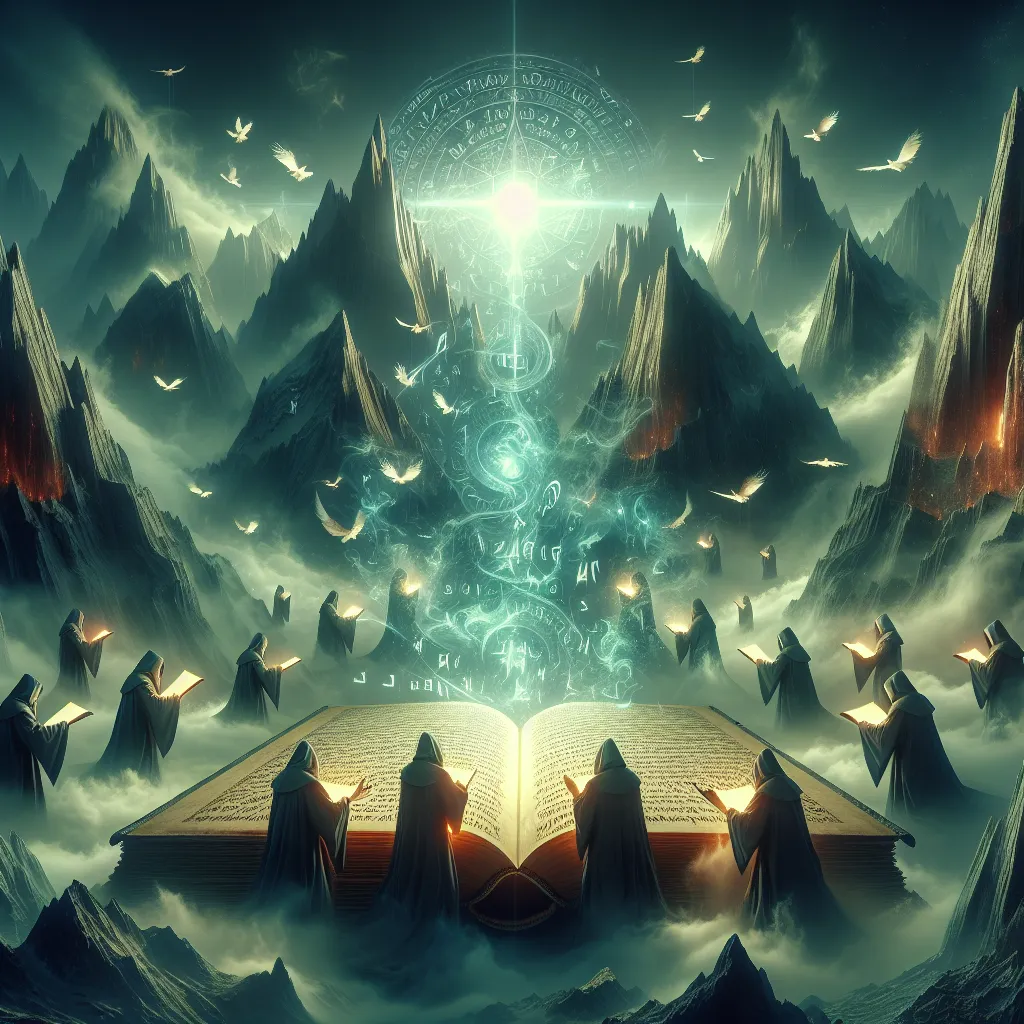 Title: "Realm of Shadows: Forbidden Tales of the Enchanted Scribes"
Genre: Fantasy

The image depicts a mystical realm with towering mountains shrouded in shadows. Ancient scribes, their faces hidden by hoods, are gathered around a gigantic, glowing book. Mysterious runes swirl around them as they inscribe forbidden tales onto parchment.