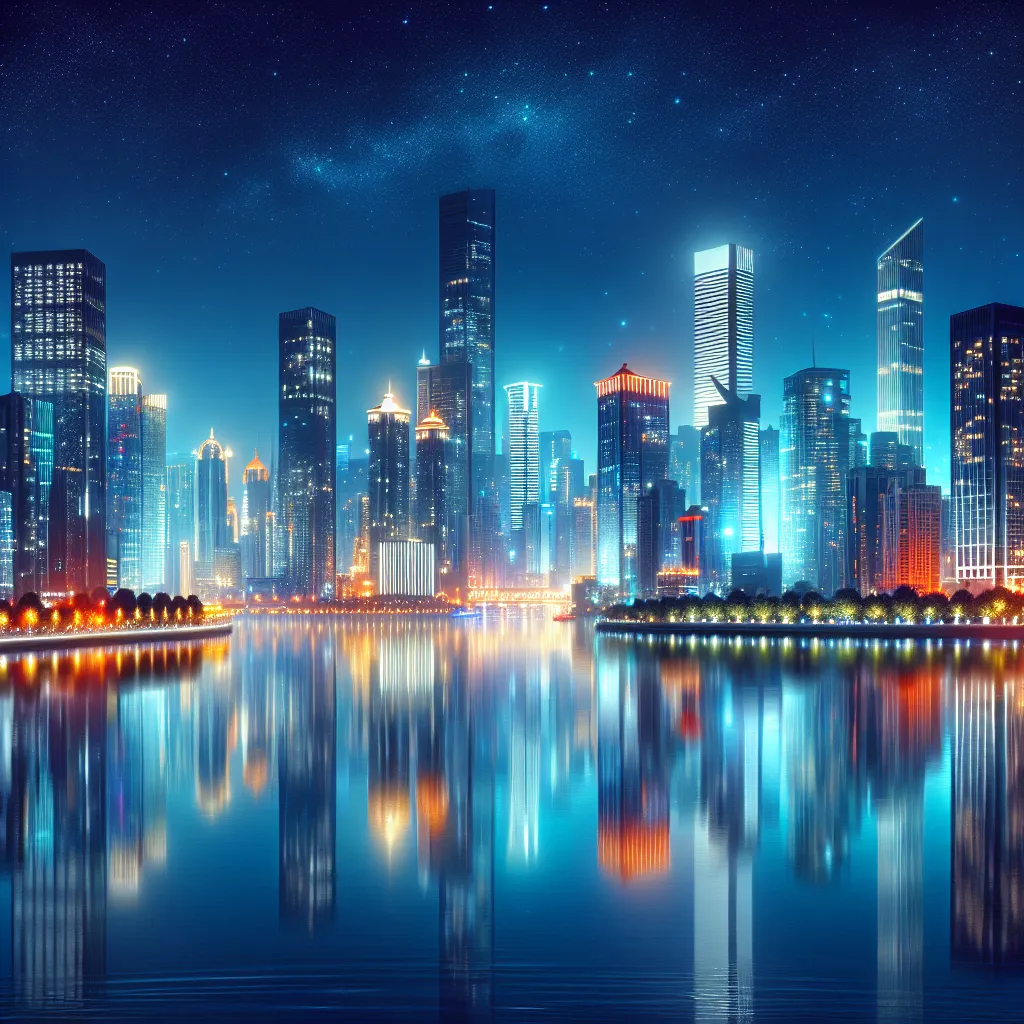 A vibrant city skyline at night with twinkling lights and illuminated buildings reflecting on a calm river.