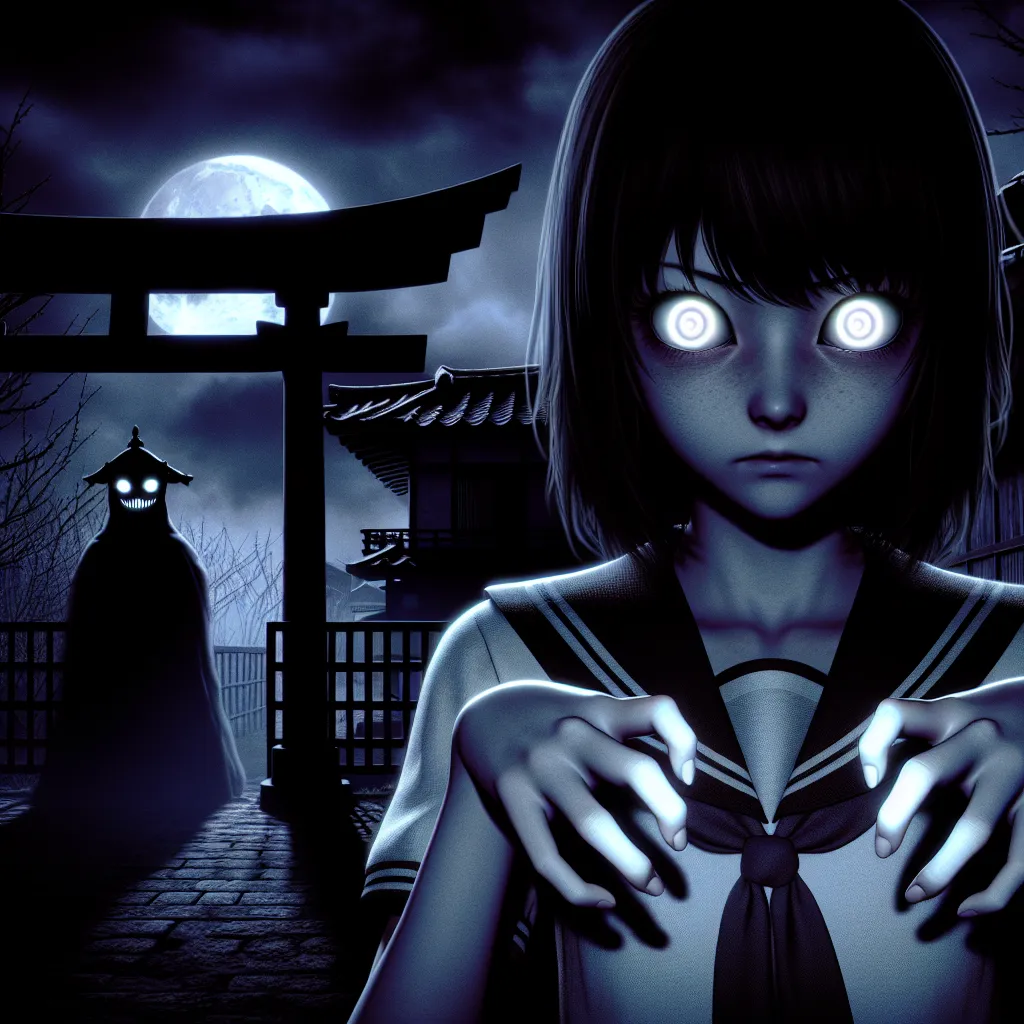 In the accompanying image, we see a dark and eerie night scene in the town of Tokoname. The foreground features a figure of a teenage girl, seemingly normal but emanating an unsettling aura. Her eyes glow with a hint of feline eyes, and her fingers subtly transform into claws. In the background, there is a shrine covered in shadows, hinting at the presence of otherworldly forces at play. The atmosphere is filled with a sense of suspense and impending doom, capturing the essence of the story's ho