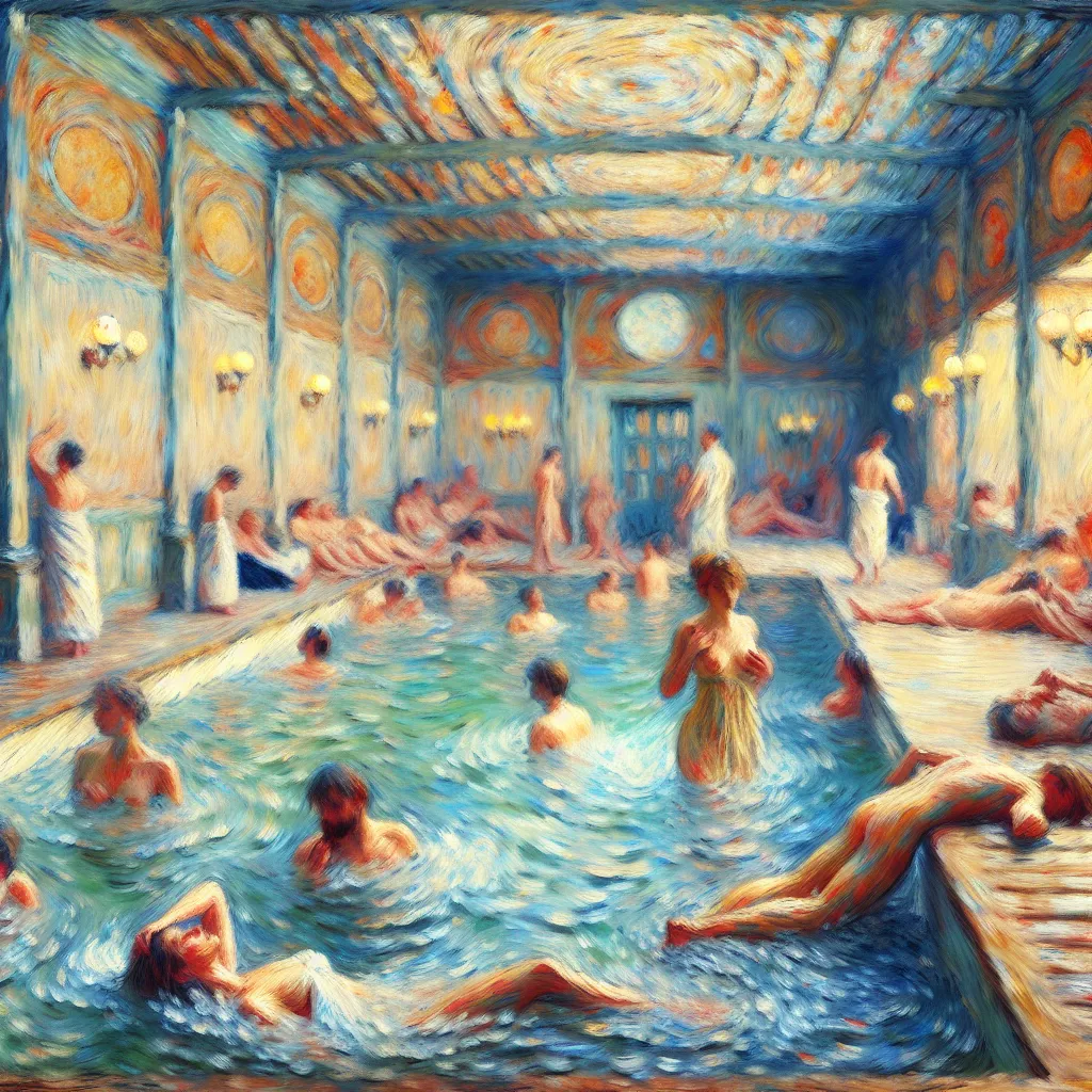 Transformation, Bathhouse, Relaxation, Surreal, Romance in the style of Monet