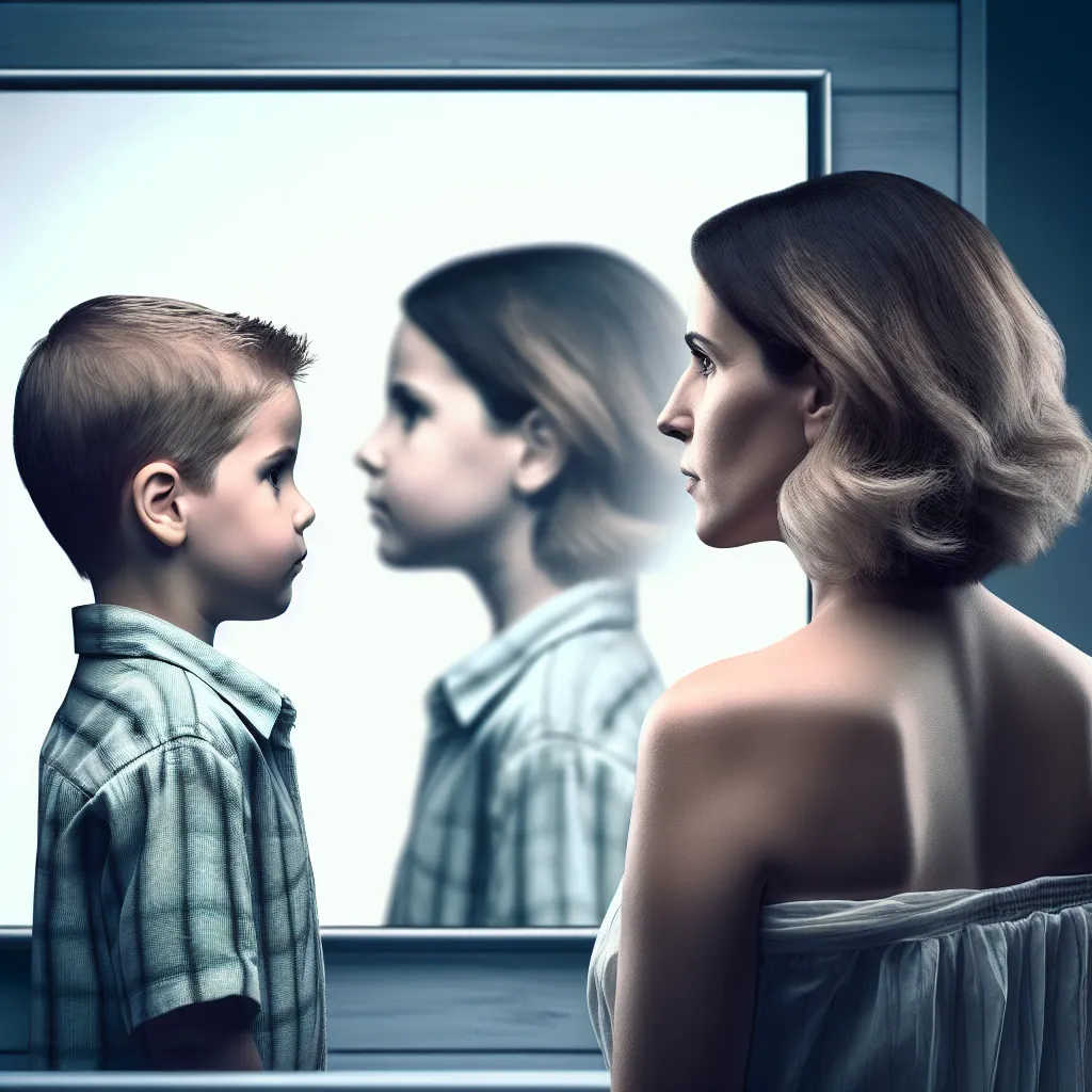 An image of a young boy named Benjamin, now transformed into an adult woman, looking in the mirror at their changed reflection. The image showcases the contrast between their youthful innocence and their newfound maturity, representing the journey of adaptation, responsibility, and love.