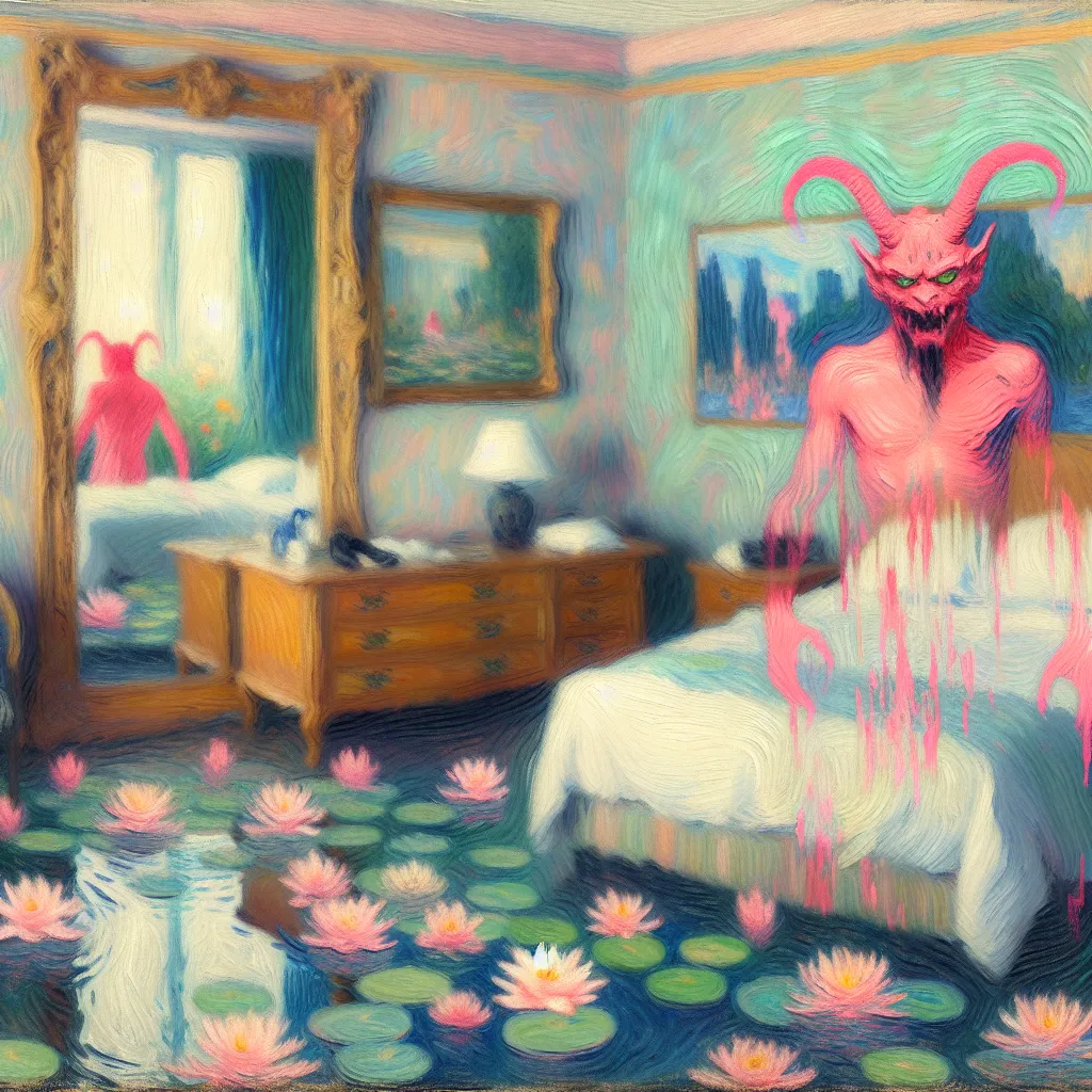 Hotel, Demon, Mirror, Transformation, Memories in the style of Monet