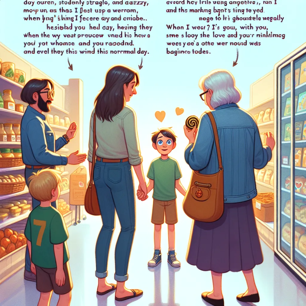 Noah Thompson, a seven-year-old boy with short brown hair and blue eyes, stands with his mother, Emily, and his friend, Lucy, in a grocery store aisle. They hold hands, while an older woman named Clara Stevenson, wearing a denim jacket and carrying a large purse, approaches them. Clara engages Noah and Lucy in conversation, asking about their favorite snacks and hobbies. Suddenly, Clara mutters some strange words and Noah feels dizzy. When he opens his eyes, he realizes he is in the body of Clar