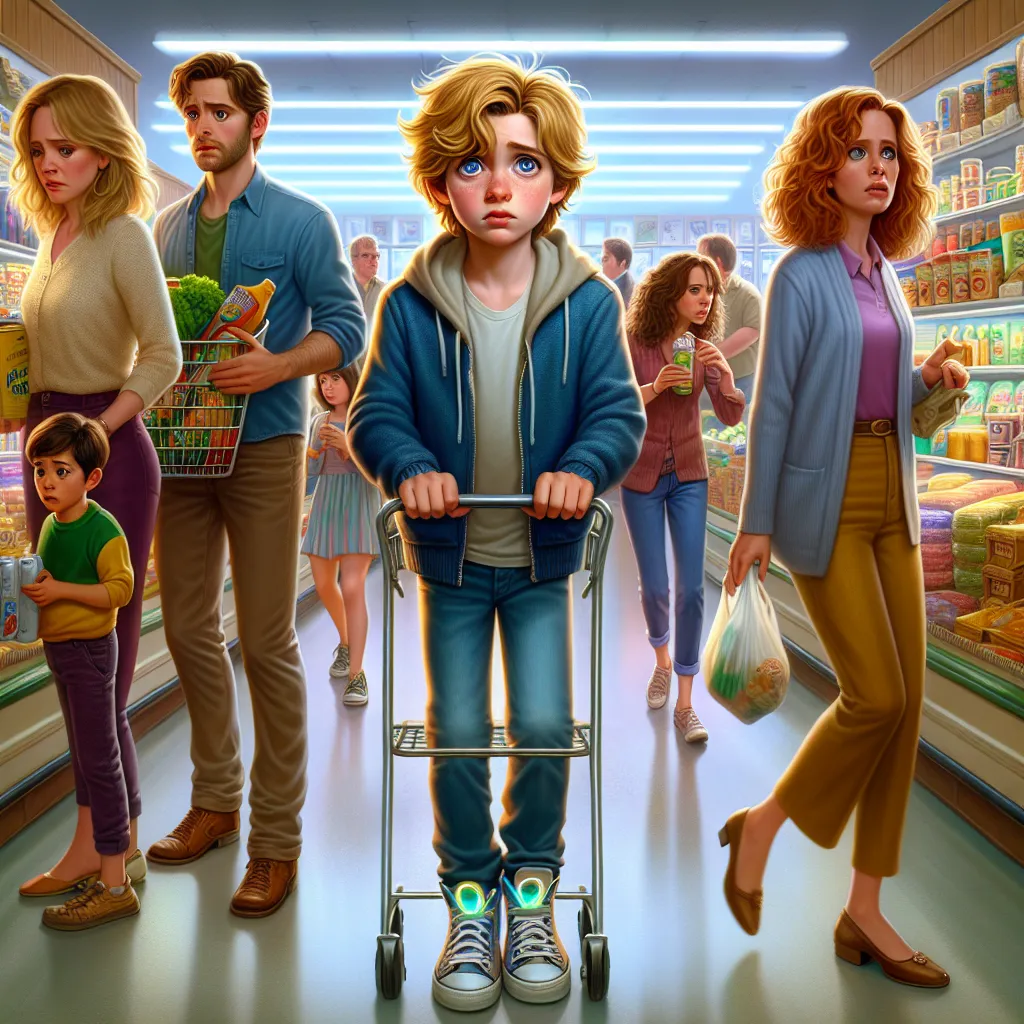 A young boy named Owen, with sandy blonde hair and sky blue eyes, and his mom Rachel, with wavy chestnut hair and hazel eyes, shopping at a bustling supermarket. Owen's shoes light up as he pushes the cart, but suddenly he starts to fade into invisibility, desperate for help as no one seems to notice him. Nearby, a family with three daughters, including Angela with russet red hair and green eyes, passes by, unaware of Owen's plight.