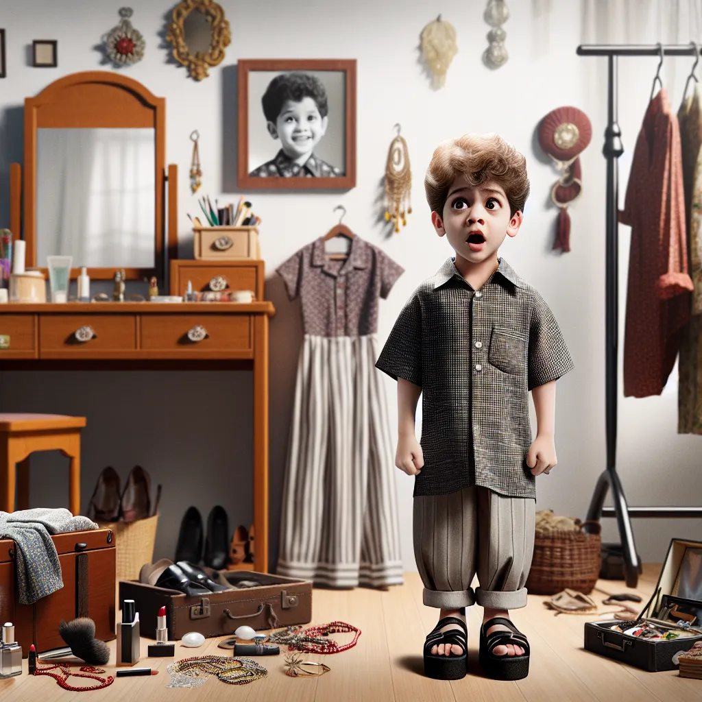 The image will depict a young boy named Owen, standing in a bedroom with a dressing area. Owen, with a look of surprise and fear, is wearing platform sandals and a dress that have transformed him into a woman named Victoria, resembling the grandmother Mila. The room will be scattered with Victoria's jewelry, makeup, and clothing items. The scene captures the moment of transformation as Owen becomes Victoria, with elements of childhood and maturity present.