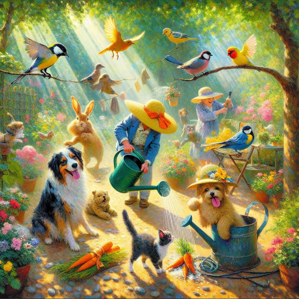 Pets, Prank, Hypnosis, Mischief, Comedy in the style of Monet